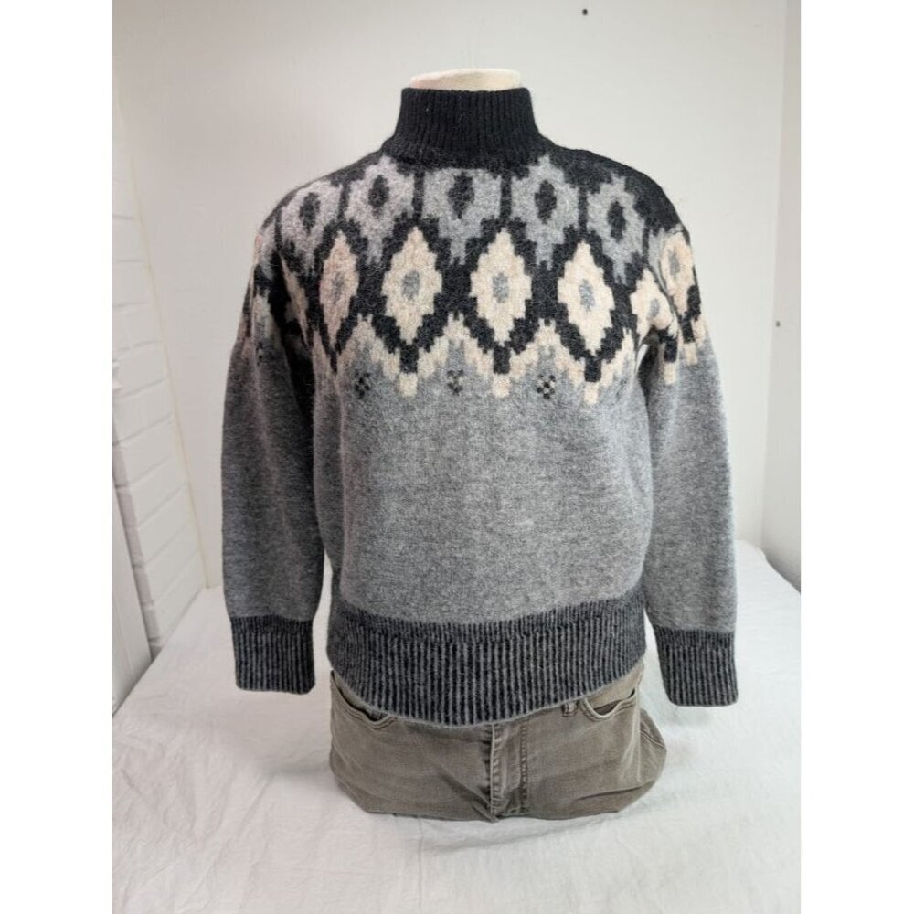 MONROW Mock Neck Fair Isle Sweater small Black White Gray Wool Alpaca Blend S13